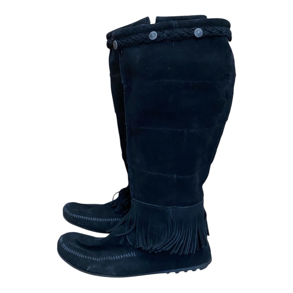 Minnetonka Womens Black Leather Suede Fringe Boots